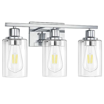 3 Light Vanity Light Fixtures, Polished Chrome Bathroom Wall Sconces, Modern Wall Lights with Clear Glass Shades, Bathroom Wall Lamp over Mirror Kitchen Bedroom Living Room Hallway Cabinet Porch - color: Chrome