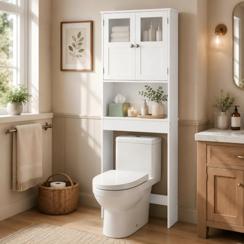 Bonnlo Over the Toilet Storage Cabinet with Adjustable Shelf White Bathroom Floor Organizer Space Saver with Double Doors, 67" Height