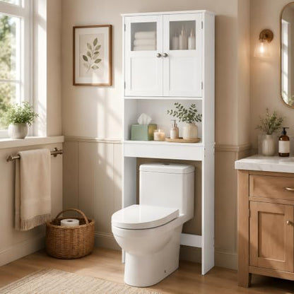 Bonnlo Over the Toilet Storage Cabinet with Adjustable Shelf White Bathroom Floor Organizer Space Saver with Double Doors, 67" Height