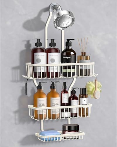 Shower Caddy Hanging - Never Rust Shower Hanging Organizer - Aluminum Over the ShowerHead Caddy with Soap Basket and 6 Hooks for Razor/Sponge (Milky White) - color: Milky White