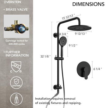 10 Inch High Pressure Rainfall Shower System with Slide Bar, Wall Mount Bathroom Round Shower Faucet Set with Valve, Matte Black - color: Black