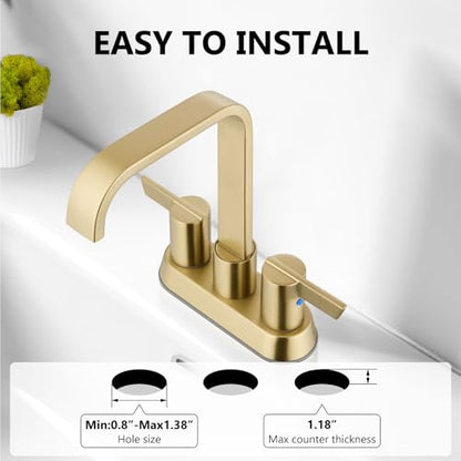 Brushed Gold Waterfall Bathroom Faucet 4 Inch Centerset,2-Handle | Stainless Steel 3-Hole Deck-Mount Design Includes Supply Lines and Pop-Up Drain for a Complete Vanity Installation - color: Brushed Gold