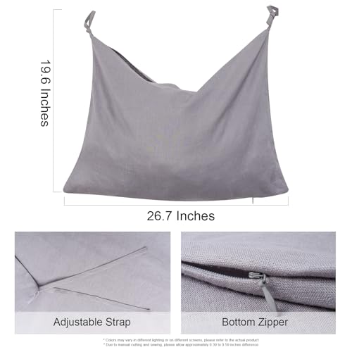 Hanging Linen Laundry Bag, 100% Pure Flax Linen Over The Door Hamper with Bottom Zipper for Laundry Room, Household Dirty Cloth Storage Organizer Bag, Gray