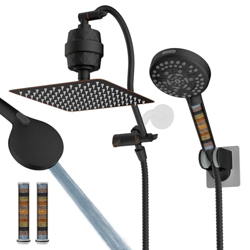 Hibbent All Metal 10'' Dual Filtered Rainfall Shower Head Combo, High Pressure Handheld Shower Head with 12'' Adjustable Extension Arm, 20 Stage Shower Filter, 10-spray, 71'' Hose, Oil Rubbed Bronze - color: Oil Rubbed Bronze Finished, style: Square 10''