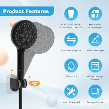 Hibbent 2 Pack Shower Head Holder - Strong Adhesive Wall Mount, Height Adjustable, No Drilling - Matte Black - size: 2 Pack, style: Matte Black
