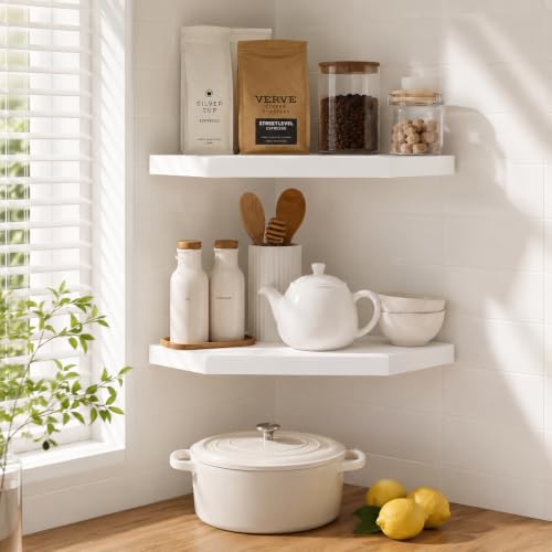 Floating Corner Wall Shelf, White MDF Display Shelf with Cable Management - color: White