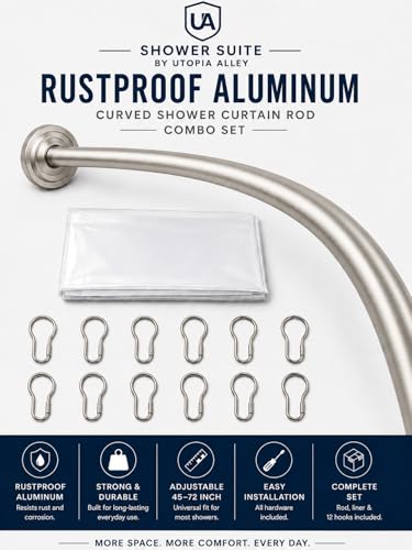 Shower Suite by Utopia Alley – Rustproof Aluminum Curved Shower Curtain Rod Combo Set with Liner & 12 Hooks, Adjustable 45–72 Inch Wall Mount Rod, Brushed Nickel Finish - color: Brushed Nickel