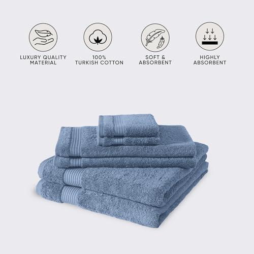 CTT - Luxury 6 Piece Towel Set, 100% Turkish Cotton, Quick Drying, Highly Absorbent & Comfy, Includes 2 Bath Towels, 2 Hand Towels & 2 Washcloths | (Blue) - color: Blue, size: 6-Piece Towel Set