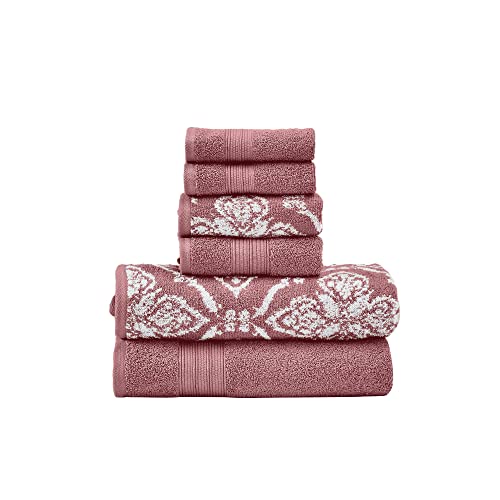 Modern Threads Amaris 6-Piece Reversible Yarn Dyed Jacquard Towel Set - Bath Towels, Hand Towels, & Washcloths - Super Absorbent & Quick Dry - 100% Combed Cotton, Rosewood - color: Rosewood, size: Small, style: Bohemian
