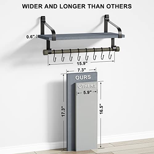 Love-KANKEI 17.3"Floating Wall Shelf Wood/Bracket,Coffee Bar,Weathered Grey | Spice Rack,Towel Bar/8 Hooks,40 Lbs/shelf,Easy to Install,For Kitchen,Bathroom,Living Room,Bedroom,Office,Entryway Display - color: Weathered Grey