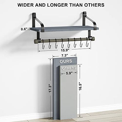 Love-KANKEI 17.3"Floating Wall Shelf Wood/Bracket,Coffee Bar,Weathered Grey | Spice Rack,Towel Bar/8 Hooks,40 Lbs/shelf,Easy to Install,For Kitchen,Bathroom,Living Room,Bedroom,Office,Entryway Display - color: Weathered Grey