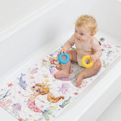 Topotdor Kids Bathtub Mat Non Slip, Tub Mat with Suction Cups 40x16 Inch | Nautical Mermaid Bath Mats for Baby , Extra Long Washable Bath Tub Mat with Drain Holes for Bathroom inside Tub - color: Pink Mermaid