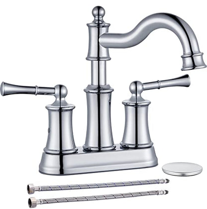 Roman Bathroom Sink Faucet Deck Mount or Wall Mount Installation Pop-up Drain Assembly with Overflow Deck Plate and Water Supply Lines Included (2 Hole Deck Mount, Chrome) - color: Chrome, style: 2 Hole Deck Mount