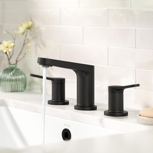 KRAUS Indy Widespread Bathroom Faucet in Matte Black with 2 Handles, Pop Up Drain and Supply Lines, FUS-14103MB - color: Matte Black, style: Widespread