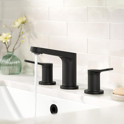 KRAUS Indy Widespread Bathroom Faucet in Matte Black with 2 Handles, Pop Up Drain and Supply Lines, FUS-14103MB - color: Matte Black, style: Widespread