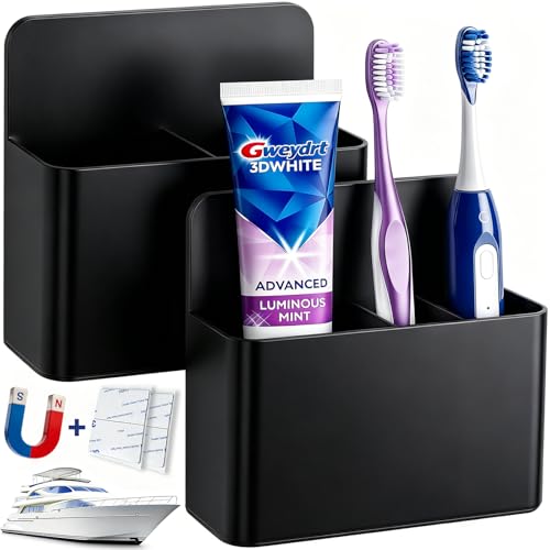 2 Pcs Magnetic Toothbrush Holders for Cruise Essentials 2026 | Plastic Stick On Tooth Brush Holder for Travel, Hanging Magnetic Cup for Bathroom, Accessories Alaska/Disney/Roya -Black - color: Black