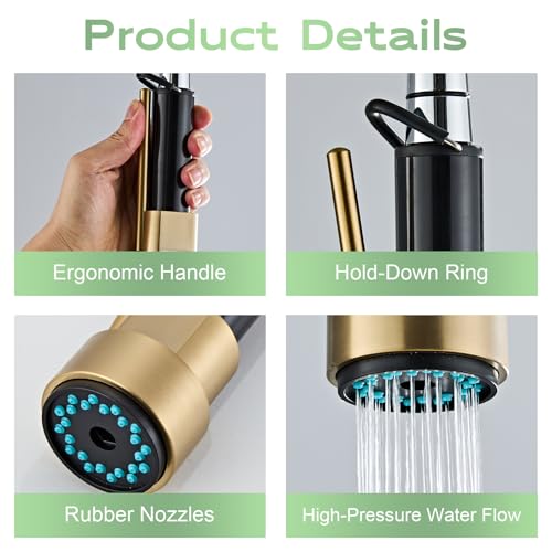 Pull Down Kitchen Faucet Replacement Head, 3-Mode Spray Head with Stream/Spray/Pause, High Pressure Anti-Clog Nozzle, Easy Installation, Universal Fit for Most Kitchen Faucets Brushed Gold - color: Industrial Spray Head - Gold