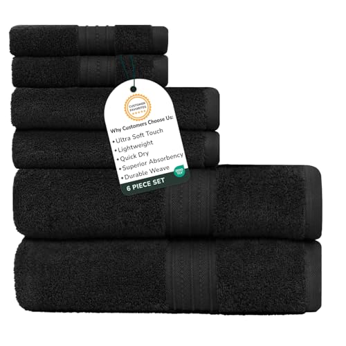 Feather & Stitch 100% Cotton 625 GSM Bath Towel Set of 6, Ultra Soft Highly Absorbent 2 Bath Towels, 2 Hand Towels & 2 Washcloth - Luxury Quick Dry Shower Towels (Black) - color: Black