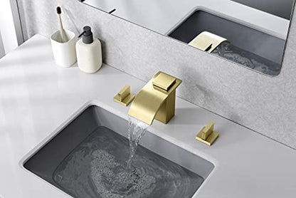 SUMERAIN Brushed Gold Waterfall Bathroom Faucet 3 Hole 8 Inch Widespread Bathroom Sink Faucet - color: Brushed Gold