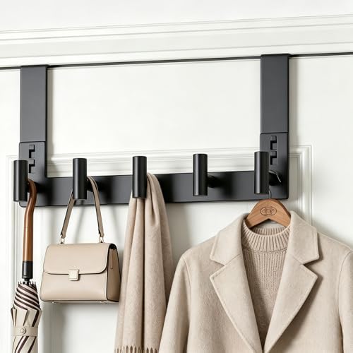Stainless Steel Over The Door Hooks Heavy Duty, Bathroom Towel Holder Door Mount Coat Rack Towel Rack for Bedroom, Doors Hangers Towel Hooks for Bathroom Dorm Essentials (1 Pack,Black-5 Hooks) - color: Black, size: "T" Shape 5 Hooks-1 Pack