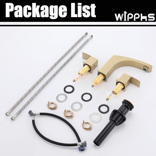 Brushed Gold 3 Hole 8 inch Widespread Bathroom Sink Faucet Modern | with Pop Up Drain and cUPC Supply Hose, 2 Handle 8 inch Brass Wide Spread Vanity Faucet, Restroom Basin Taps - color: Brushed Gold, size: 8 Inch Widespread