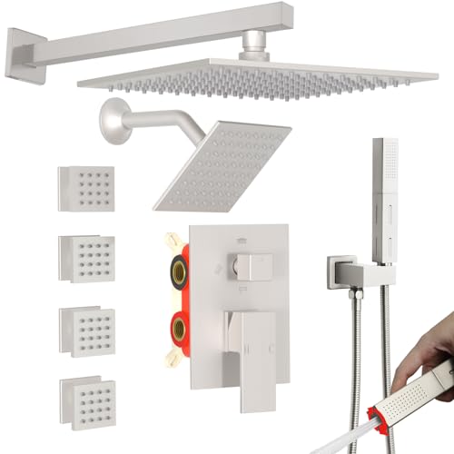 Enga Dual Heads Shower System with Body Jets, Shower Faucet Set 10 Inch Rainfall with 6 Inch Showerhead, 4 Body Jets with 2 in 1 Handheld Spray, Brushed Nickel - color: Brushed Nickel, style: Wall-10"+6"+4Jets