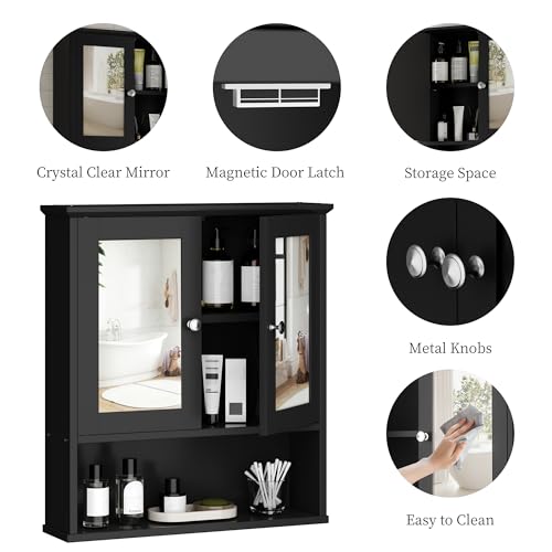 Shintenchi Bathroom Medicine Cabinet with Mirror, Wall Mounted, Black | Over The Toilet Cupboard, Adjustable Shelf, Open & Concealed Storage, 2 Magnet Doors, Space-Saving, Easy to Clean - color: Black