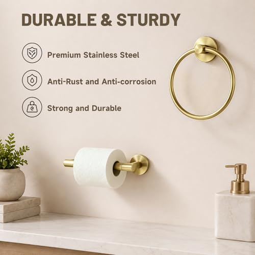Toilet Paper Holder and Hand Towel Ring Bathroom Set | Brushed Gold,Stainless Steel,Wall Mount,Bathroom Accessories,Hand Towel Ring and Toilet Paper Holder Set,Easy to install - color: Brushed Gold