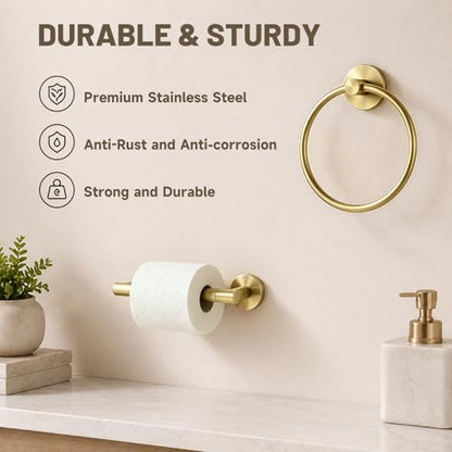 Toilet Paper Holder and Hand Towel Ring Bathroom Set | Brushed Gold,Stainless Steel,Wall Mount,Bathroom Accessories,Hand Towel Ring and Toilet Paper Holder Set,Easy to install - color: Brushed Gold