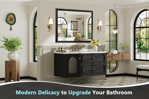48x32 Inch Black Bathroom Mirror for Wall, Beveled Framed Rectangle Bathroom Vanity Mirrors for Over Sink, Bedroom, Living Room, Entryway, Anti-Rust, HD Tempered Glass, Horizontally/Vertically - size: 48"L x 32"W