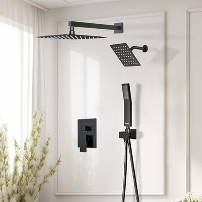 Shower System Shower Faucet Set, STARBATH 12"+6" Wall Mount Rain Shower Head and Handheld Spray for Two Person, Rainfall Shower System with Diverter Valve and Trim Kit Complete,Matte Black - color: Matte Black, size: 12"+6"-1