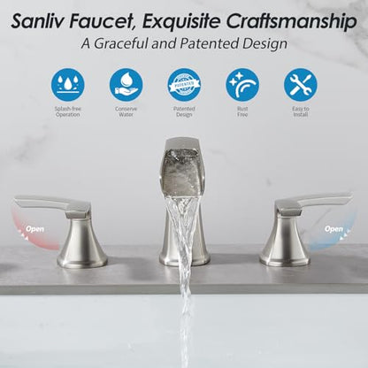 Brushed Nickel Waterfall Bathroom Faucet, Sanliv 3-Piece Widespread Bathroom Sink Faucets, 2-Handle Vanity Faucet for 3-Hole Sinks 4-8 Inch with Pop-Up Drain, Brushed Nickel - color: Brushed Nickel