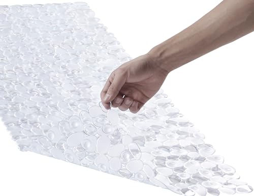 Webos Bath Shower Mat Non Slip: Extra Large Pebble Bathtub mat for Families, Anti Slip Shower Matt with Drain Holes Suction Cups Tub Mat - 16 X 40 Inch Clear - color: Pebble Clear