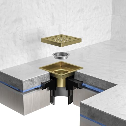 EXF Square Shower Drain 4-3/8 Inch Brushed Gold with ABS Flange | Stainless Steel, Anti-Clog, Removable Grid Grate and Hair Catcher, for Modern Bathroom Remodel Curbless Shower - color: Gold, size: 4IN