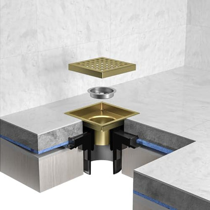 EXF Square Shower Drain 4-3/8 Inch Brushed Gold with ABS Flange | Stainless Steel, Anti-Clog, Removable Grid Grate and Hair Catcher, for Modern Bathroom Remodel Curbless Shower - color: Gold, size: 4IN
