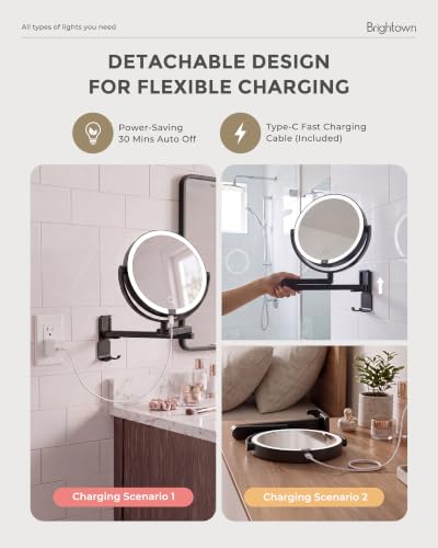 Brightown 8" Wall Mounted Makeup Mirror with Lights & Magnification 1X/10X | 4000mAh Rechargeable Dimmable Vanity Mirror, Extended Arm 360° Rotation, 3 Color Lights & Smart LED Digital Display, Black - color: Black