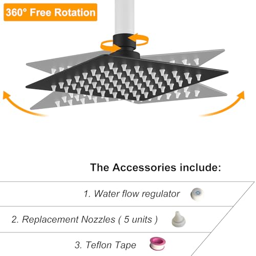 6 In Rain Shower Head High Pressure Rainfall Shower Head Matte Black | Square Rain Bathroom Showerhead, High Flow, Large Stainless Steel, Ceiling Mounted, Wall Mounted, Waterfall Full Body - color: Black, size: 6 Inch
