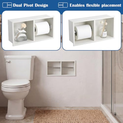 Recessed Dual Roll Toilet Paper Holder 304 Stainless Steel Hidden in-wall with Storage Durable Tissue Roll Holder Heavy Duty Space Saving Design for Modern Bathrooms and Remodel (White) - color: White