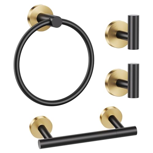 Black Gold Bathroom Hardware Set, 4-Piece Towel Holder Set Include Double Bases Toilet Paper Holder,Towel Ring and 2 Towel Hooks Stainless Steel Wall Mounted Bathroom Hardware Accessories Set - color: Black Gold, size: Set B