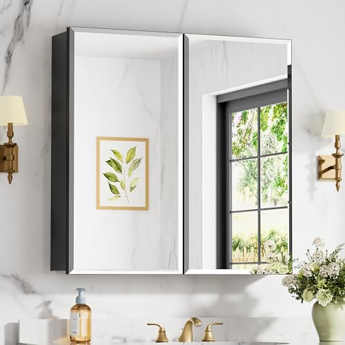 30x30 Inch Medicine Cabinet with Beveled Mirror, Aluminum Medicine Cabinet | Double Side Mirror Door, Adjustable Shelves, Soft-close Hinge, Surface or Recessed Mount Bathroom Mirrors with Storage - size: 30 in. x 30 in.