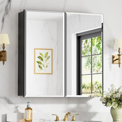 30x30 Inch Medicine Cabinet with Beveled Mirror, Aluminum Medicine Cabinet | Double Side Mirror Door, Adjustable Shelves, Soft-close Hinge, Surface or Recessed Mount Bathroom Mirrors with Storage - size: 30 in. x 30 in.