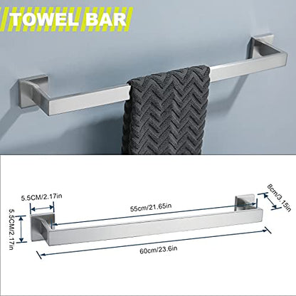 Brushed 4-Piece Bathroom Hardware Set Premium Stainless Steel Bath Towel Bar Sets Wall Mounted Square Bathroom Accessories Kit, 23.6 Inch Brushed Nickel - color: Brushed Nickel, size: 4-Pieces Set-A