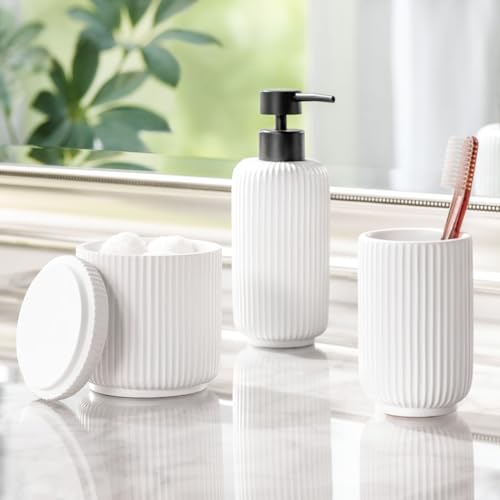 mDesign Fluted Resin 3-Piece Bathroom Vanity Countertop Accessories - Soap Dispenser, Tumbler Rinsing Cup, and Canister Holder Sets - Complete Modern Counter Aesthetic - Set of 3 - White