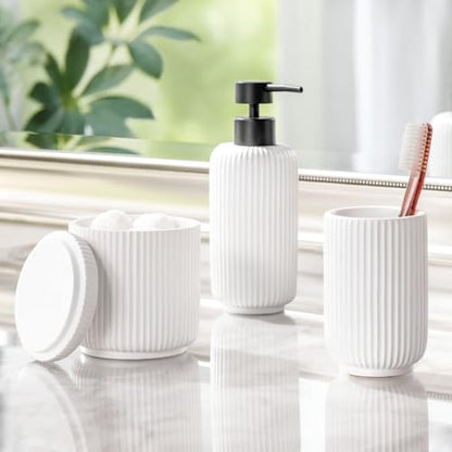 mDesign Fluted Resin 3-Piece Bathroom Vanity Countertop Accessories - Soap Dispenser, Tumbler Rinsing Cup, and Canister Holder Sets - Complete Modern Counter Aesthetic - Set of 3 - White