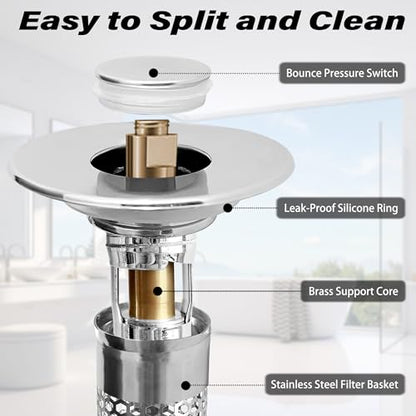 2 Pack Universal Bathroom Sink Drain Pop-Up Stopper, Bathroom Sink Stopper 1.06"-1.50" for Bathroom Sink Stainless Steel Floor Drain Strainer, Standard Universal Drain Strainer