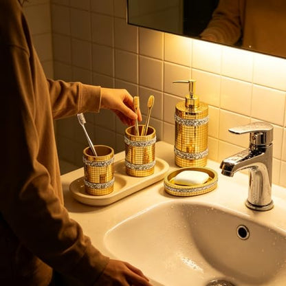 Gold Bathroom Accessories Set, Mosaic Decoration 4-piece Set | Deluxe gold mosaic bathroom 4-piece set,including soap dispenser,soap tray,toothbrush cup,partitioned toothbrush holder - size: 4 Pc Set