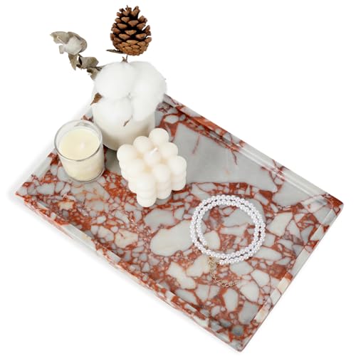 100% Marble Vanity Tray for Bathroom Counter, Kitchen, Coffee 11.8" | Natural Marble Tray Stone Storage Organizer for Perfume, Dresser, Candles and Jewelry Bathroom Counters, Dressers and Coffee - color: Calacatta Red