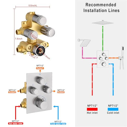 Dual Shower Heads Shower System with 16" Ceiling Mounted Rain Shower Head & 6" Wall Mounted Head Full Body Shower System 3 Way Thermostatic Shower Valve Can All Run Together, Brushed Nickel - color: Brushed Nickel, style: 16inch+6inch