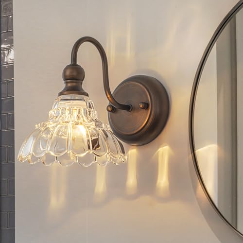 EDISLIVE Vintage Vanity Light for Bathroom ORB 1-Light Bath Wall Light Fixture with Clear Flower Glass Shades 6.7" E12 Antique Wall Sconce for Bedroom Hallway Living Room Vanity Mirror - color: ORB, size: 1 Light