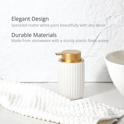 Speckled White Ceramic Foam Dispenser 2 Pack, Rippled Gold Top | Modern Minimal Design, Subtle Bathroom Upgrade, Elegant Gold Accent, Marble Decor Match, Soft Foam Pump, 12 oz Capacity - color: White, Golden 2 Pack